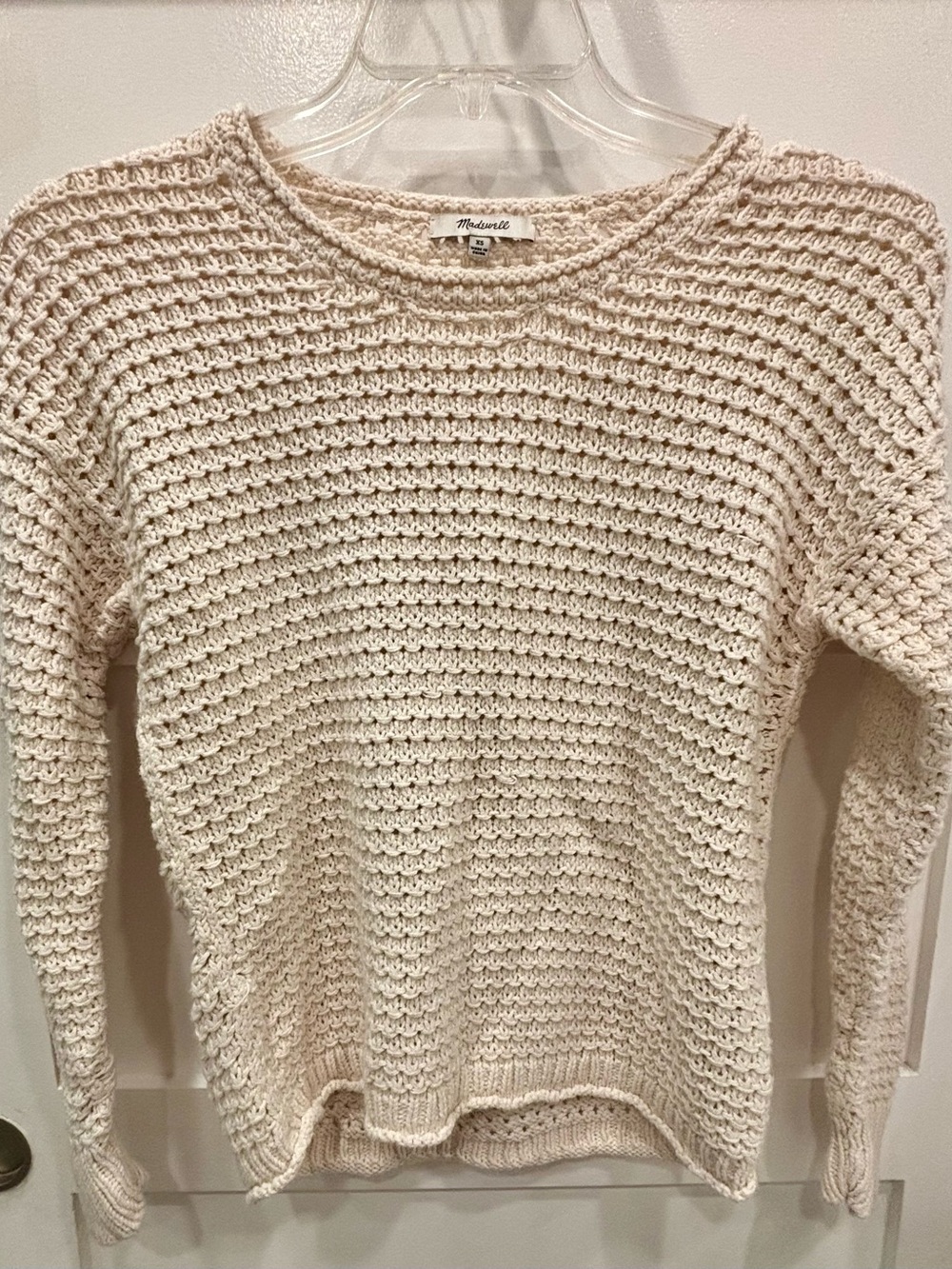 Chunky Cream Knit Cotton Sweater - Women's Cozy Crochet Crewneck